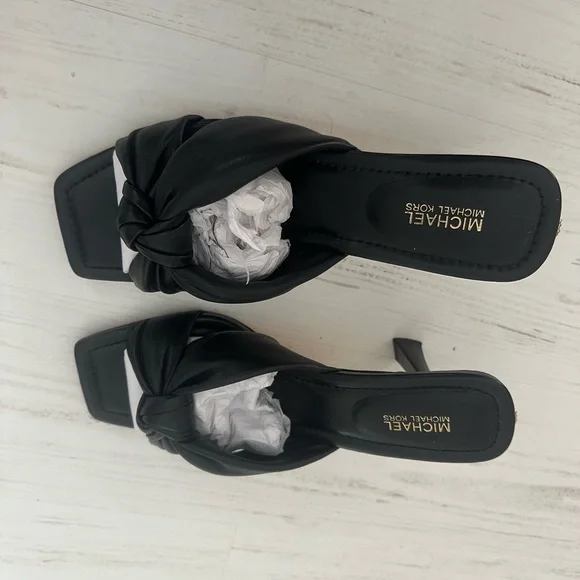 Michael Kors Elena Leather Sandal Black Kitten Heel with Elegant Knot Detail - Picture 3 of 11